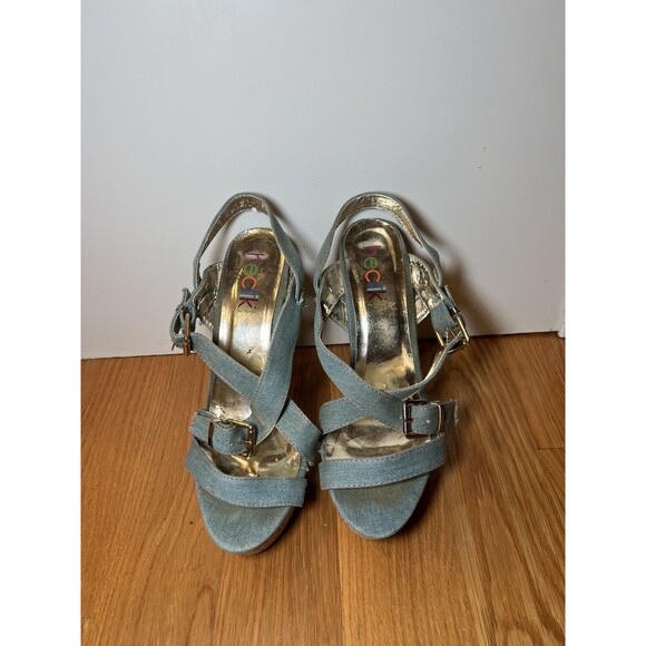 Heckik Shoes Womens Size 8.5 Blue Denim Cross Strap Platform High Heel Sandals - Picture 10 of 10